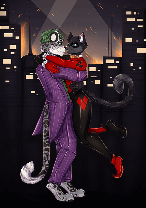 Furry Art Commission drawing harley and quinn joker theme couple fullbody